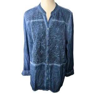 CHICOS Embroidered Boho Tunic Blouse Button Down Size 3/XL/16 Blue